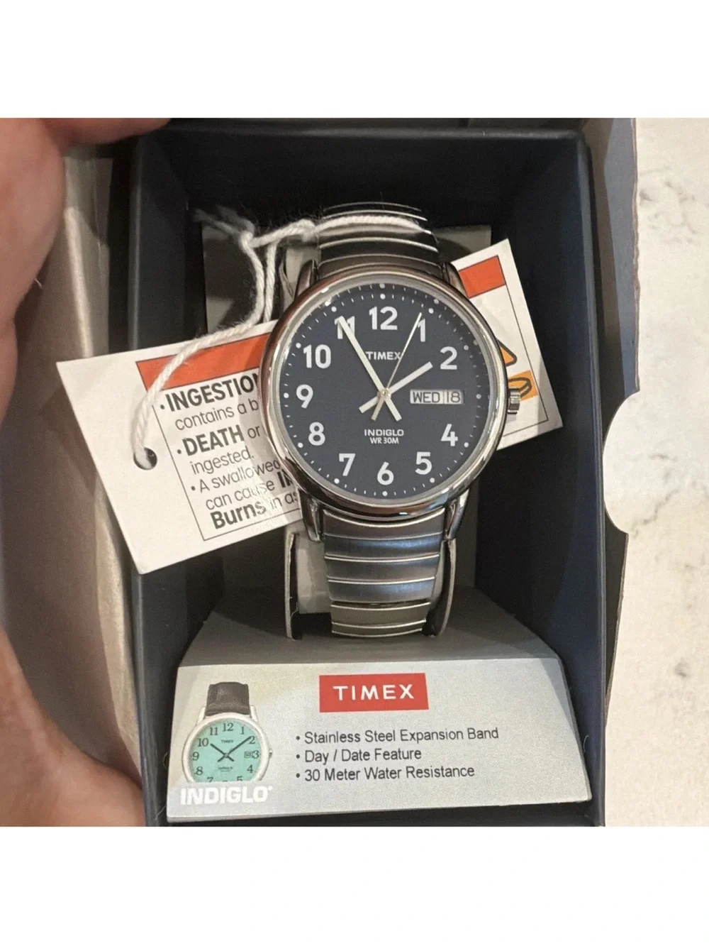 Timex Timecenter Indiglo Blue Dial Day/Date 30m SS Expansion Band Watch